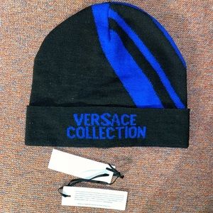 Versace Collection Men's Black/Blue Wool Logo Beanie